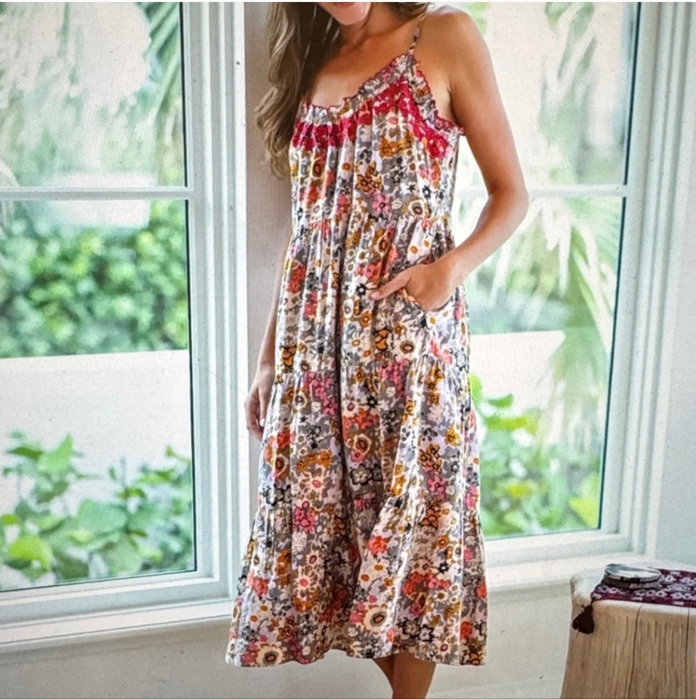 NATURAL LIFE Floral Midi Dress with Red Accents